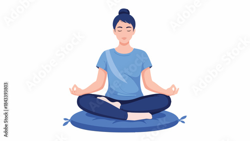 A serene woman sits cross-legged on a blue yoga mat in a meditative pose with her eyes closed on a white background.