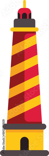 Red and yellow striped lighthouse standing tall, emitting a beacon of light to guide ships safely through the night