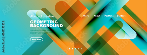 Abstract geometric background design. Vibrant colors, overlapping shapes create modern visual experience. Navigation menu present.