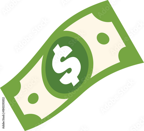 Simple green waving dollar bill with dollar sign representing united states finances, economy, and monetary transactions