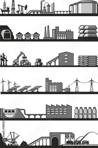 Industrial Production Silhouettes: Oil, Coal, Timber, Green Energy, Bottling, and Mining