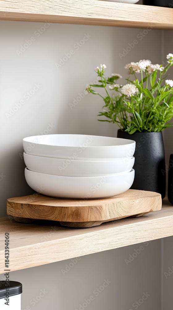 Fototapeta premium Stacked White Bowls on Rustic Wooden Slab, Modern Kitchen Shelf Styling