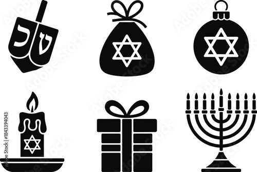 Black and white Hanukkah symbols dreidel Star of David menorah candle gift bag