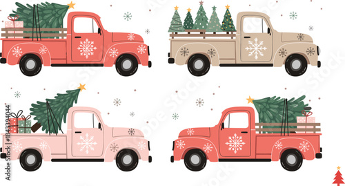 A Charming Christmas Vector Collection of Vintage Pickup Trucks Hauling Pine Trees and Wrapped Gift Boxes in Snowy and Festive Holiday Colors for Seasonal Designs.