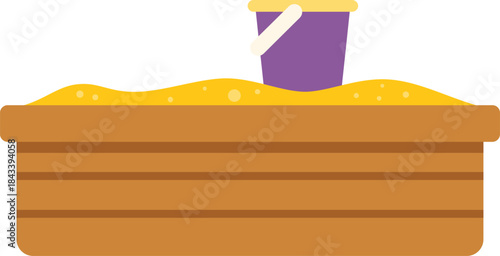 Sandbox with purple pail sitting on sand, perfect for children playing
