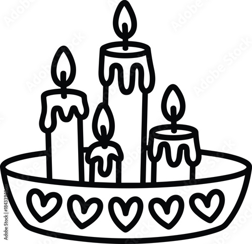 Black and white line of five candles in a circular holder