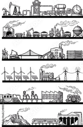 Vintage Engraved Industrial Silhouettes: Oil Production, Manufacturing, Mining, and Green Energy Infrastructure