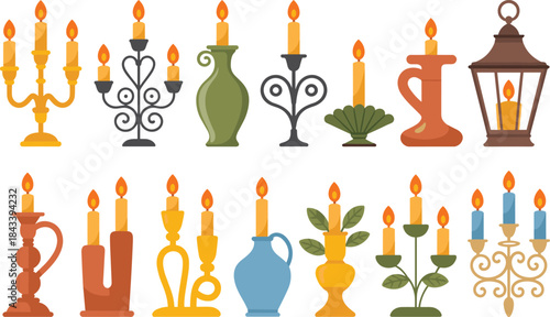 Colorful Candle Holders and Lanterns with Yellow Candles