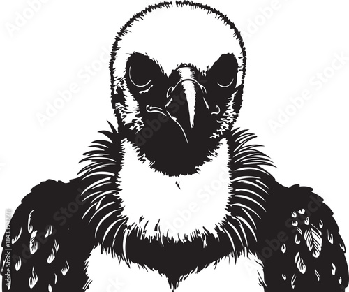 Vulture head vector illustration black and white, raptor bird, scavenging animal art