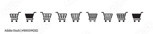 Row of simple black and white shopping trolley icons featuring different styles for digital marketing