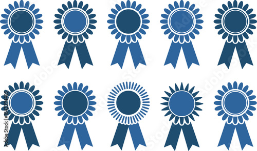 Nine Blue Ribbons with White Edges on White Background