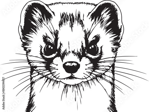 Weasel black and white vector sketch illustration of its face looking forward