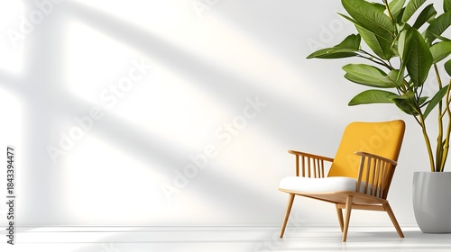 Minimalist Living Room with Mustard Yellow Armchair and Tropical Plant