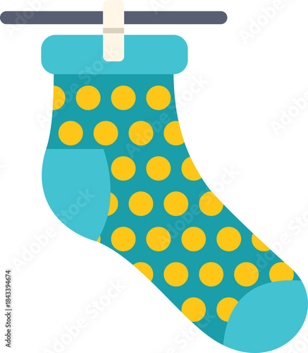 Clean sock hanging and drying on clothesline with clothespin