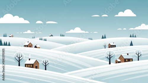 A serene winter landscape with snow covered hills and houses under a blue sky with clouds