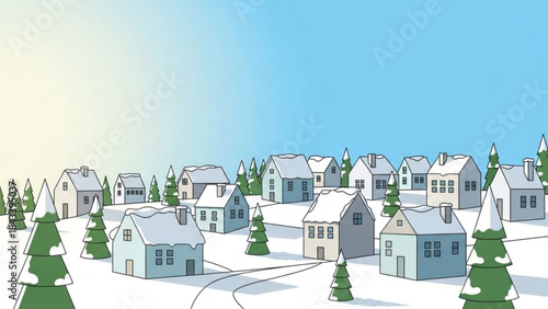 Snowy neighborhood scene with houses and trees on a sunny winter day