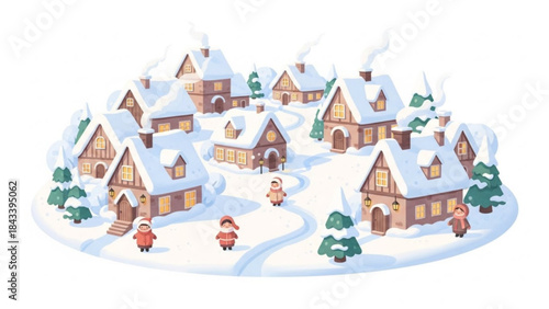 A charming winter village scene with snow covered houses and trees on a