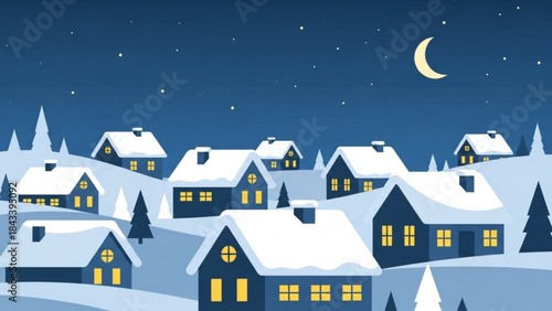 Snowy village scene at night with houses and trees under a crescent moon