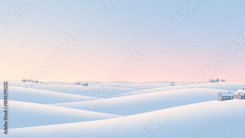 Serene snowy landscape with gentle hills and a peaceful sky at sunrise or sunset