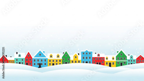 Colorful cartoon houses in snowy landscape with various roofs and doors