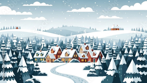 Snowy village landscape with houses and trees on a winter day scene