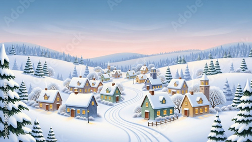Snowy village scene with colorful houses and pine trees on a winter morning