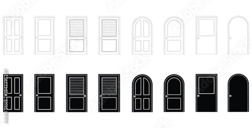 Collection of eight different door designs shown in both sketch outline and solid black silhouette styles