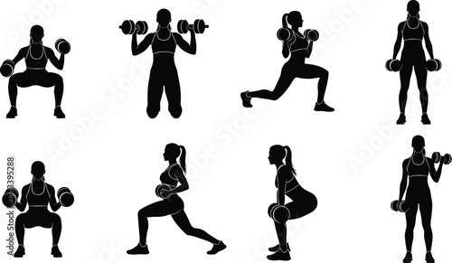 Collection of Fitness Woman Silhouettes Vector Set, Female Athlete Training with Dumbbells, Squats, Lunges and Strength Exercises, Gym Workout Icon Pack for Health and Active Lifestyle.