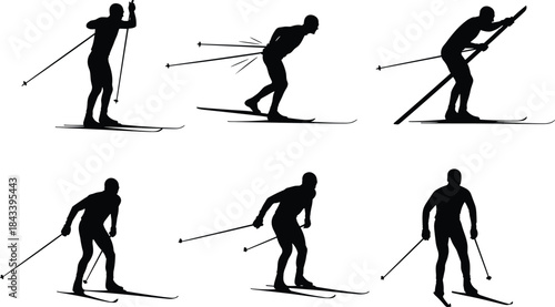 Cross-Country Skiers Silhouettes Set, Nordic Ski Sport Dynamic Poses Black Vector Icons, Winter Recreation, Athlete, Training, Fitness, Outdoor Graphic Collection