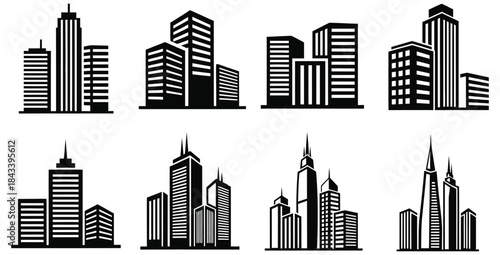 Collection of eight distinct black and white modern skyscraper city skyline silhouette icons for design projects