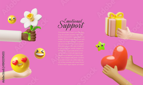 Hands giving heart, happy emoji emoticons, gift box and flower, emotional support 3D vector positive emotions charity