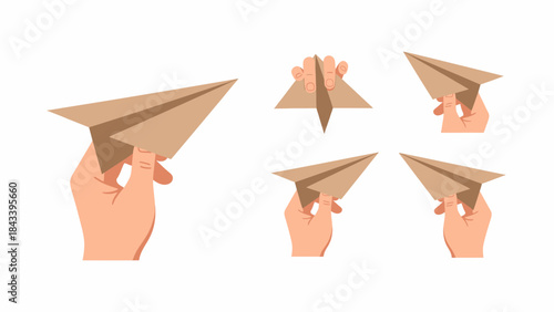 Hands holding paper airplanes in various positions, ready for flight.