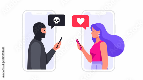 A scammer with a skull icon on their phone interacting with a woman showing a heart icon, symbolizing online deception and romance fraud.