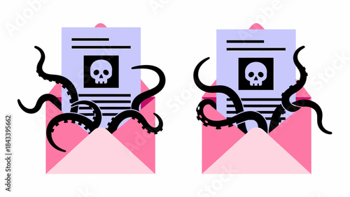 Two pink envelopes with documents featuring skull icons and black tentacles emerging, symbolizing digital threats or malicious messages.
