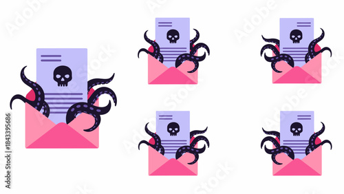 Multiple pink envelopes with documents featuring skull icons and menacing tentacles emerging, symbolizing digital threats or malware.