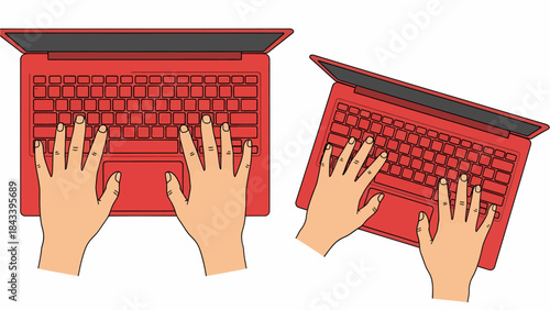 Overhead view of hands typing on two red laptops, one straight and one angled, demonstrating proper typing posture.