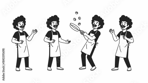 Four cartoon chefs in aprons, one juggling with a pan, in a black and white illustration.