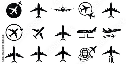 Collection of black and white airplane icons representing travel navigation and global aviation concepts