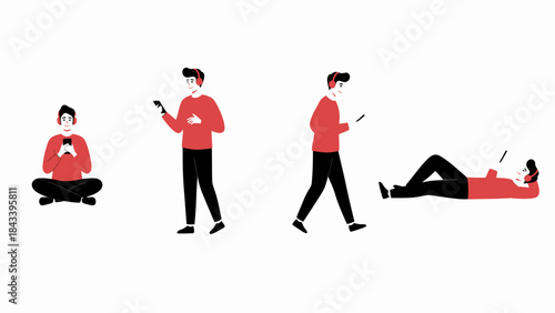 Illustrations of a person using a smartphone and headphones in various positions: sitting, standing, walking, and lying down.