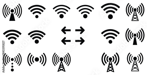 Collection of black and white icons representing wireless signal strength transmission and network connectivity