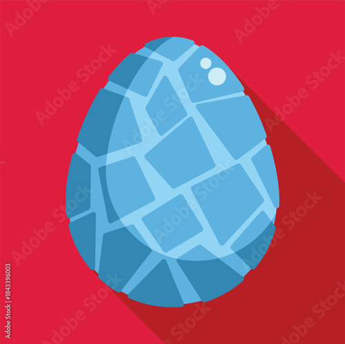 Fantasy illustration of a blue dragon egg with a mosaic pattern, isolated on a red background with long shadow