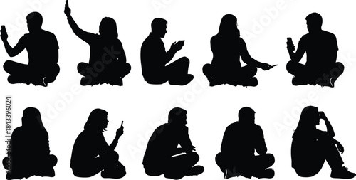 Diverse Group of People Silhouettes Sitting and Using Smartphones, Men and Women Interacting with Mobile Devices, Social Media Addiction, Technology and Digital Lifestyle Icon Graphic Se