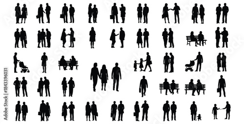 Collection of black and white human silhouette icons depicting various social interactions and daily activities