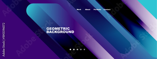 Abstract geometric background. Blue, purple hues dominate design. Navigation links present work, about, portfolio, contact. Modern aesthetic.