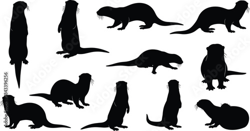Diverse Otter Animal Silhouettes Vector Set, Collection of Aquatic Mammal in Various Poses, Swimming, Standing and Looking Up, Wildlife Icon Pack for Nature and Zoo Design Graphics.