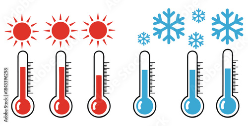 Weather concept showing contrasting hot and cold temperature readings with sun and snowflake icons