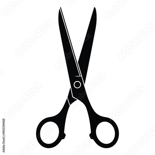 Simple black silhouette icon of open scissors isolated on a clean white background for design use