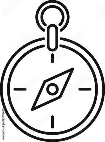 Line drawing of a magnetic compass pointing north, indicating direction for navigation, exploration, and travel