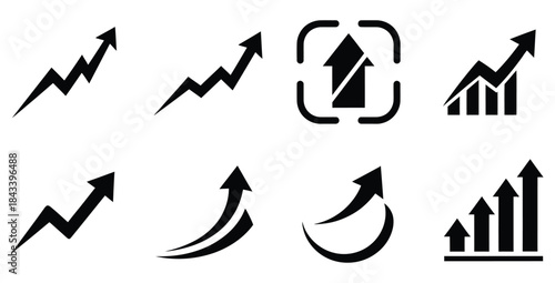 Collection of black upward trending arrows and growth chart icons representing progress and success