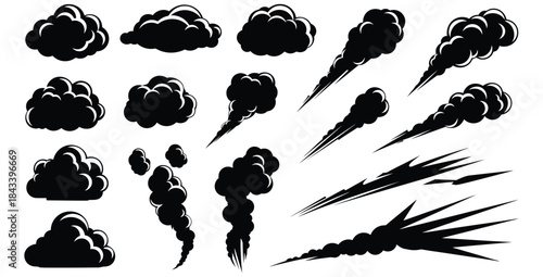 Collection of black smoke clouds and stylized motion trails perfect for comic book effects